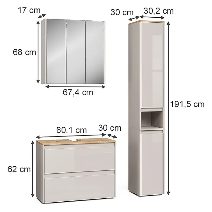 Vicco Badmöbel-Set Majest Cashmere 3 Teile - Cashmere, Matt - Glänzendes hellgraues Badmöbelset: ein Spiegelschrank, ein Waschtischunterschrank mit Holzplatte und ein hoher Hochschrank.