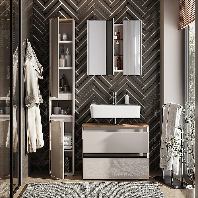 Vicco Badmöbel-Set Majest Cashmere 3 Teile - Cashmere, Matt - Modernes hellgraues Badmöbel-Set mit Waschtisch, Waschbecken, Spiegelschrank und Hochschrank mit Holzdetails in einem modernen Bad.