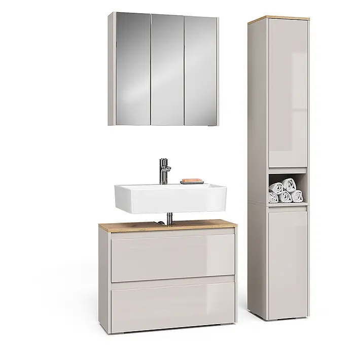 Vicco Badmöbel-Set Majest Cashmere 3 Teile - Cashmere, Matt - Moderne hellgraue Badmöbel-Garnitur mit weißem Waschbecken, Spiegelschrank, Waschtischunterschrank und hohem Schrank mit Holzplatten.