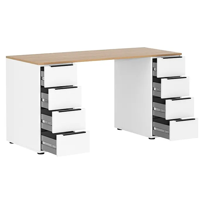 Schildmeyer Schreibtisch - L x B x H: 55,5 x 140 x 73 cm, Weiß/Eiche - Weißer Schreibtisch mit heller Holzplatte und teilweise geöffneten Schubladen, die den grauen Innenraum zeigen.
