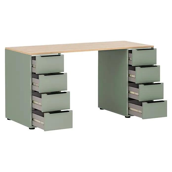Schildmeyer Schreibtisch - L x B x H: 55,5 x 140 x 73 cm, Pistazie/Eiche - Salbeigrüner Schreibtisch mit heller Holzplatte und mehreren geöffneten Schubladen.