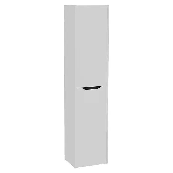 VitrA Integra Square Hochschrank - B x T x H: 40 x 37 x 180 cm, Hellgrau, Inklusive 4 Glaseinlegeböden, DIN Anschlag: Links - Heller Hochschrank in Grau mit zwei Türen und schwarzem Griff.