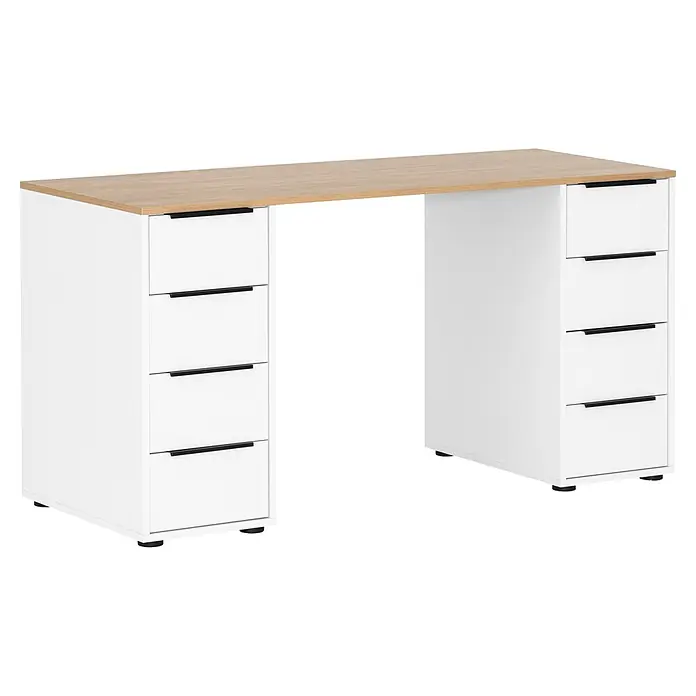 Schildmeyer Schreibtisch - L x B x H: 55,5 x 140 x 73 cm, Weiß/Eiche - Moderner weißer Schreibtisch mit heller Holzplatte und schwarzen Schubladengriffen.