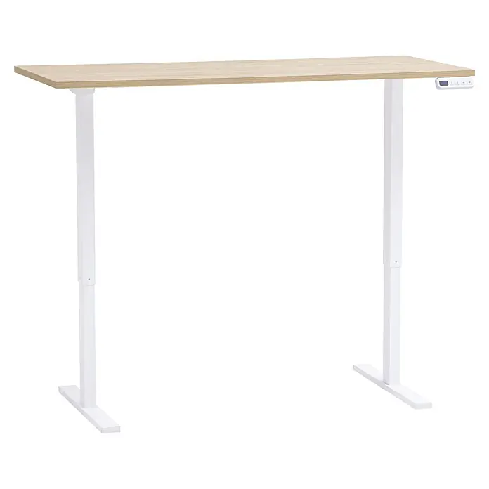Schildmeyer Arezzo Schreibtisch - L x B: 60 x 138 cm, Höhenverstellung: 72,7 cm - 117,2 cm, Eiche/Weiß - Ein höhenverstellbarer Schreibtisch mit heller Holzplatte und weißen Metallbeinen. Die Steuerung für die Höhenverstellung ist sichtbar.