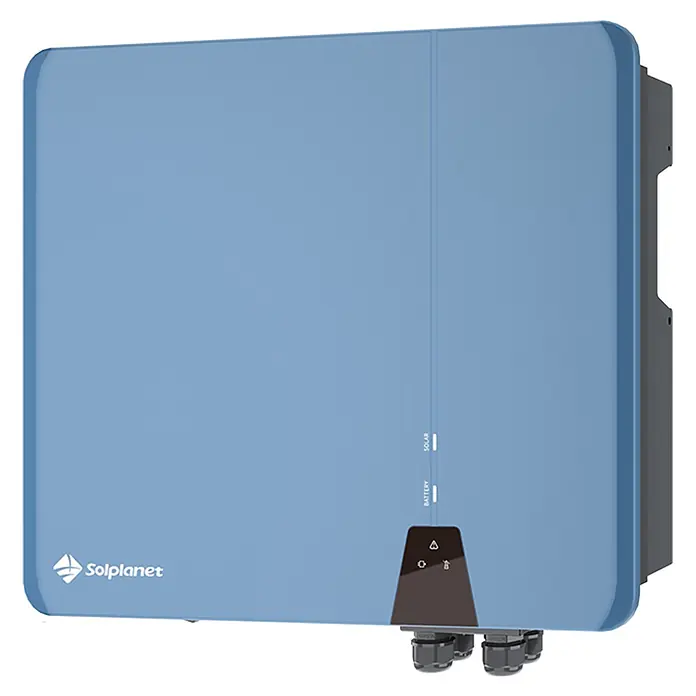 Solplanet Wechselrichter ASW 06kH-T2 3-Phase - 0% MwSt. (gem. § 12 Abs. 3 UStG) - 6.000 W - Blauer Solplanet Solar-Wechselrichter mit glatten, abgerundeten Kanten und Batterie- sowie Solarstatusanzeigen.