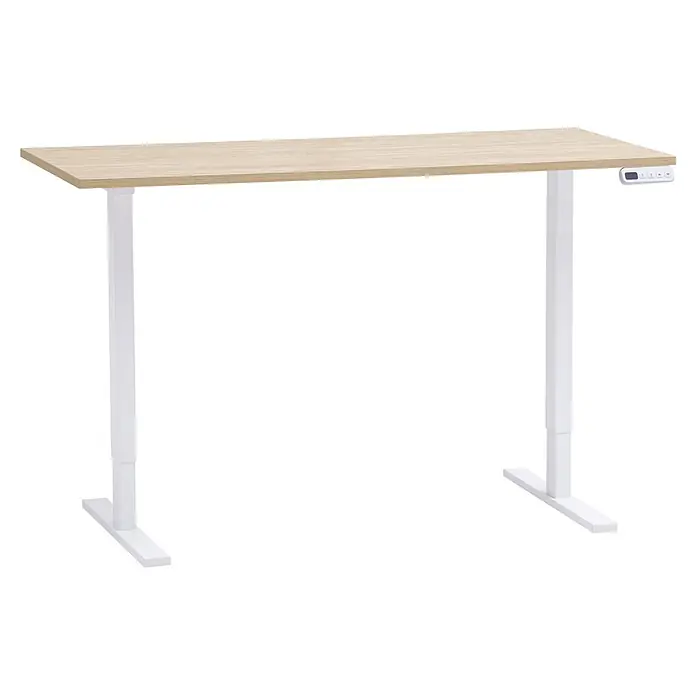 Schildmeyer Arezzo Schreibtisch - L x B: 60 x 138 cm, Höhenverstellung: 72,7 cm - 117,2 cm, Eiche/Weiß - Stehschreibtisch mit heller Holzplatte, weißen verstellbaren Beinen und Bedienfeld.