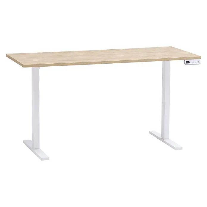 Schildmeyer Arezzo Schreibtisch - L x B: 60 x 138 cm, Höhenverstellung: 72,7 cm - 117,2 cm, Eiche/Weiß - Höhenverstellbarer Schreibtisch mit heller Holzoptik-Tischplatte und weißem Gestell, mit Bedienfeld und Digitalanzeige.