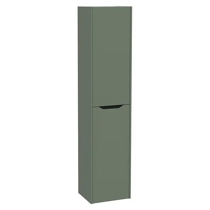 VitrA Integra Square Hochschrank - B x T x H: 40 x 37 x 180 cm, Moosgrün, Inklusive 4 Glaseinlegeböden, DIN Anschlag: Links - Hoher, schmaler Schuhschrank in Salbeigrün mit zwei Fächern, das untere mit integriertem Griff.