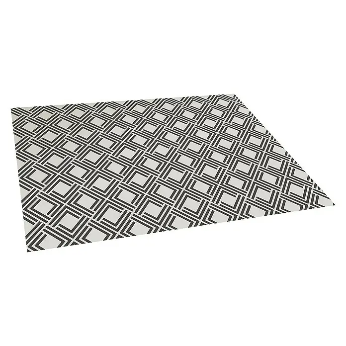 Alfombra de vinilo Living geométrica - Negro, 180 x 120 cm - Esta alfombra rectangular presenta un elegante patrón geométrico en gris y blanco, que ofrece un toque sofisticado.
