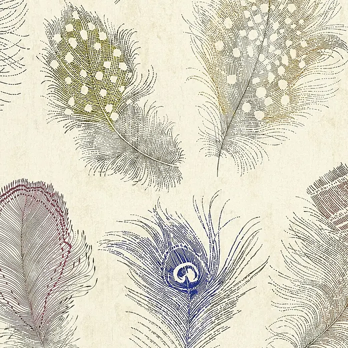 A.S. Création Pintwalls 3 Vliestapete Federn - Creme-Rot, Sonstiges, 10,05 x 0,53 m - Künstlerisches Muster aus farbenfrohen Federn mit detaillierten Illustrationen in Olivgrün, Goldbraun, Burgund und Blautönen.