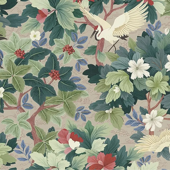 A.S. Création Pintwalls 3 Vliestapete Botanik - Beige-Grün, Floral, 10,05 x 0,53 m - Naturinspiriertes Muster mit grünen Blättern, roten Beeren, weißen und roten Blüten sowie eleganten Kranichen.