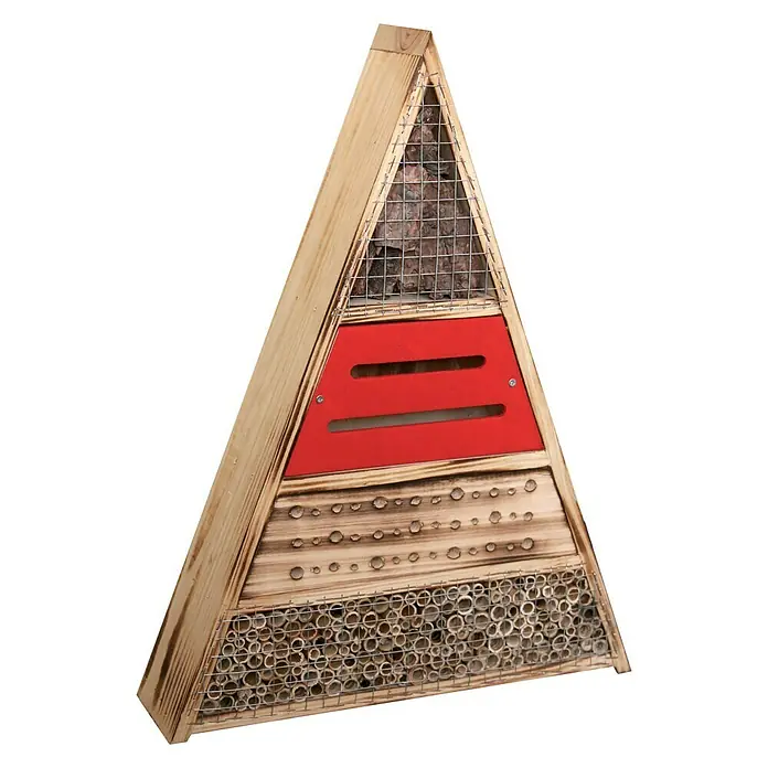 Windhager Insektenhotel - L x B x H: 36,5 x 9,5 x 48,5 cm, Holz, Naturbraun/Rot, Geflammt - Dieses attraktive Insektenhotel in Pyramidenform bietet Wildbienen, Käfern und anderen Nützlingen einen sicheren Unterschlupf und Nistplatz.