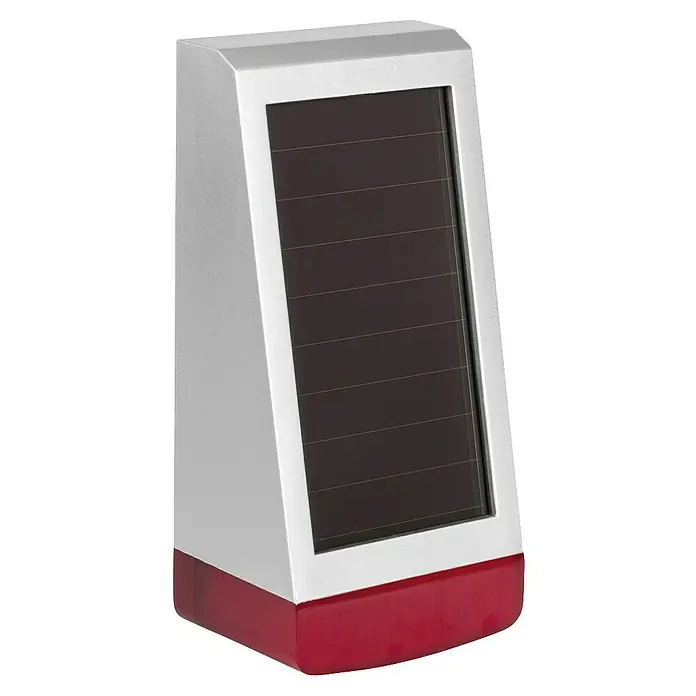 Homematic IP Alarmsirene HmIP-ASIR-O - Solarbetrieben, Alarmsignal: 100 dB, 8,7 x 11 x 23 cm - Bild einer modernen, silberfarbenen Solar-betriebenen LED-Hausnummer mit rotem Sockel, ideal für eine stilvolle und energieeffiziente Außenbeleuchtung.