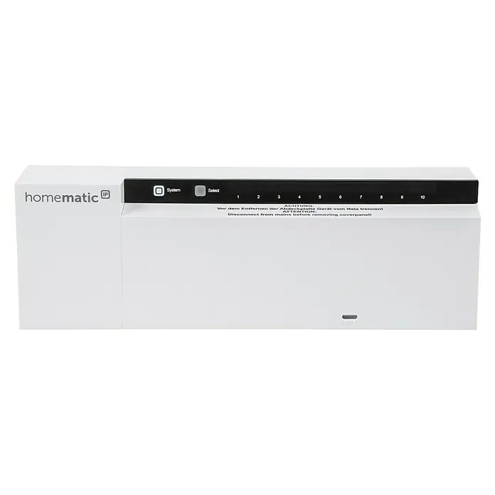 Homematic IP Fußbodenheizungsregler HmIP-FAL230-C10 - 52 x 225 x 75 mm, Funk, 230 V - Homematic IP Gerät mit System- und Auswahlknöpfen, sowie LED-Anzeige von 1 bis 10. Ein Hinweis zur Trennung vom Stromnetz ist sichtbar.