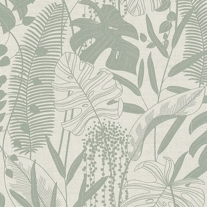 A.S. Création Cuba 2 Vliestapete Blätter - Creme-Grau, Floral, 10,05 x 0,53 m - Nahtlose Tapete mit hellgrünem Tropenblattmuster.