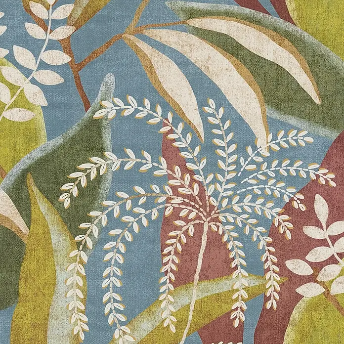 A.S. Création Pintwalls 3 Vliestapete Tropen - Blau-Rot, Floral, 10,05 x 0,53 m - Textil mit abstraktem botanischem Muster: große grüne, cremefarbene, gelbe Blätter und zartes weißes Laub auf blaugrünem Hintergrund mit rötlichen Akzenten.