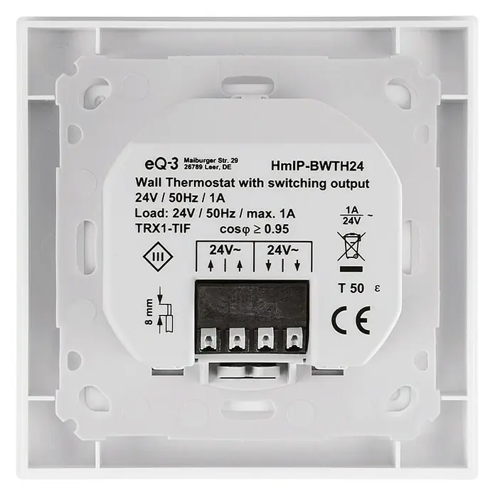 Homematic IP Funk-Raumthermostat HmIP-BWTH24 - Netzbetrieben, 24 V, 54 x 86 x 86 mm - Nahaufnahme eines HomeMatic IP Wandthermostats HmIP-BWTH24, der für 24V/50Hz/1A ausgelegt ist.