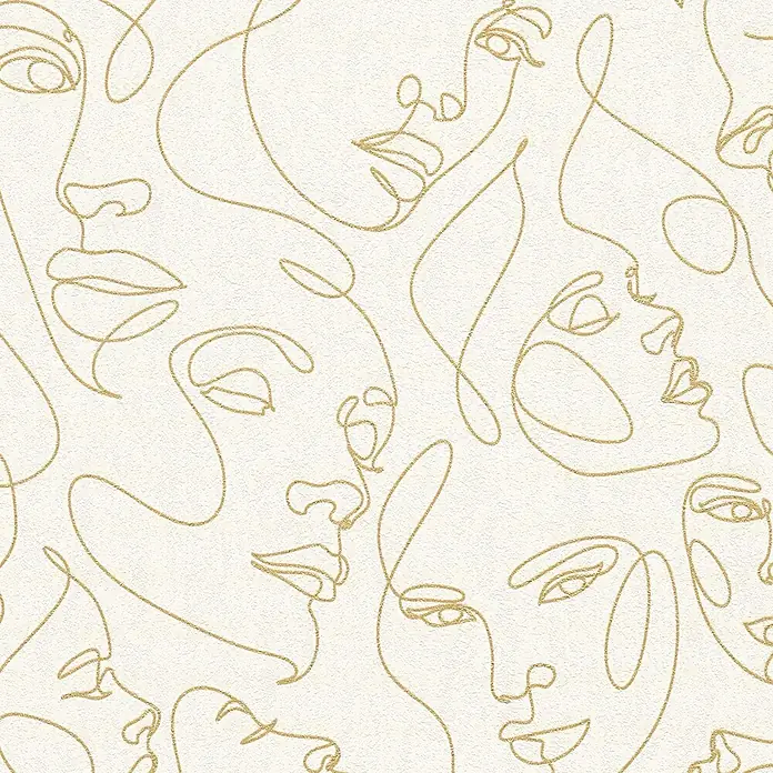 A.S. Création Pintwalls 3 Vliestapete Gesichter - Weiß-Gold, Grafisch, 10,05 x 0,53 m - Nahtloses Muster mit goldenen abstrakten Strichgesichtern auf texturiertem Cremegrund.