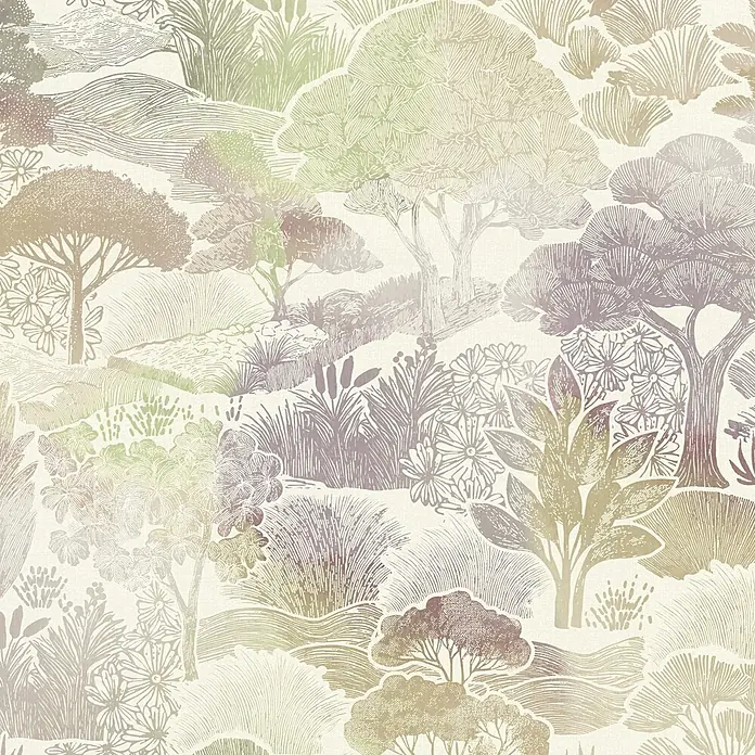 A.S. Création Pintwalls 3 Vliestapete Natur - Beige-Grün, Floral, 10,05 x 0,53 m - Nahtloses botanisches Muster mit stilisierten Bäumen, Sträuchern und Blumen in gedeckten Grün-, Braun- und Violetttönen.
