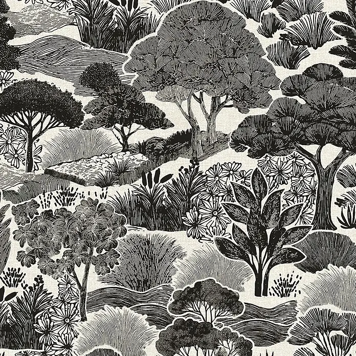 A.S. Création Pintwalls 3 Vliestapete Natur - Grau-Schwarz, Floral, 10,05 x 0,53 m - Nahtloses Muster: Schwarz-weiße Linolschnitt-Illustration einer vielfältigen Gartenlandschaft mit Bäumen und Pflanzen.