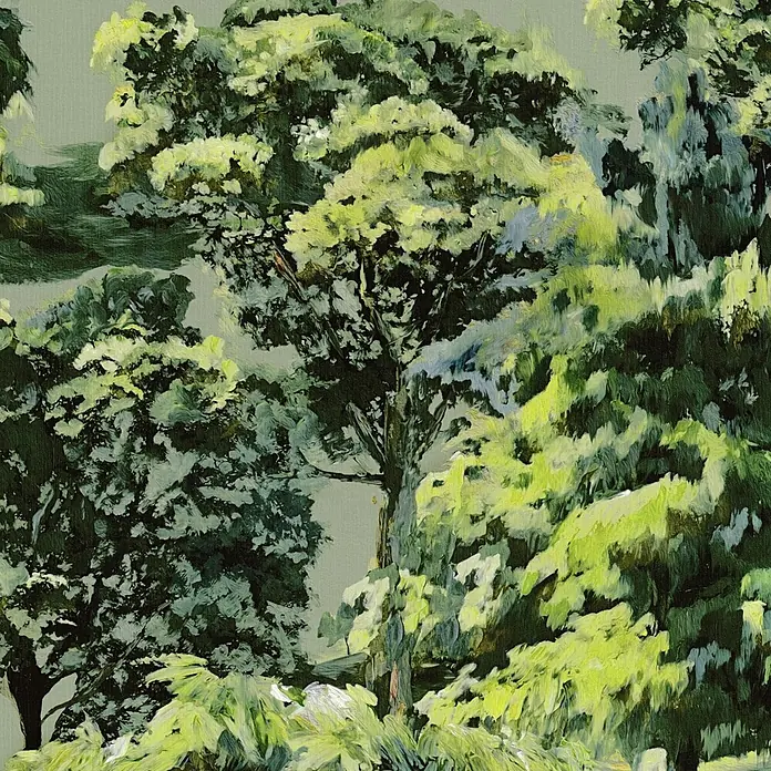 A.S. Création Pintwalls 3 Vliestapete Wald - Grün, Floral, 10,05 x 0,53 m - Gemälde von üppig grünen Bäumen und dichtem Laub, mit lebhaften Pinselstrichen in verschiedenen Grüntönen.