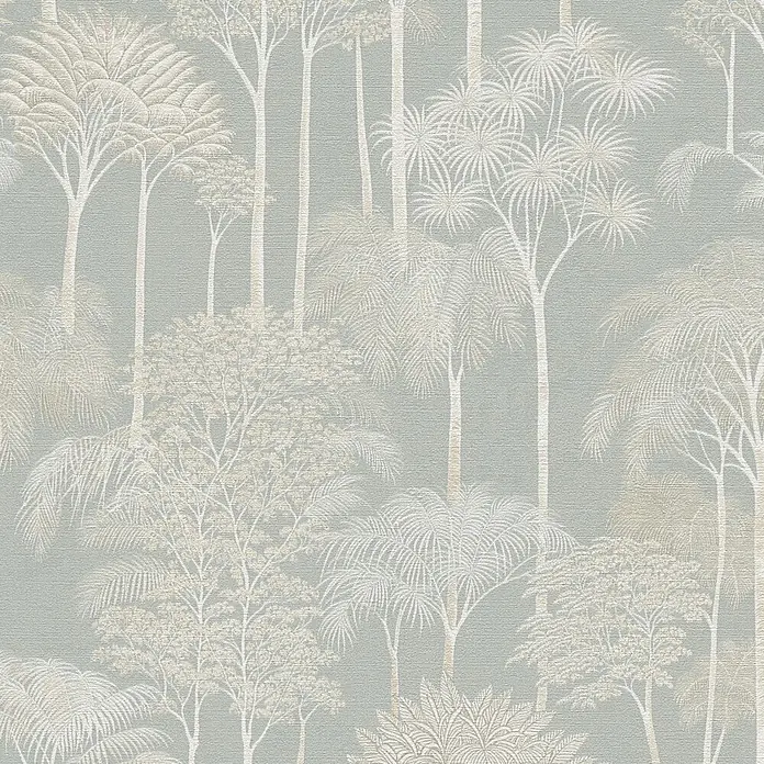 A.S. Création Cuba 2 Vliestapete Wald - Creme-Grün, Floral, 10,05 x 0,53 m - Strukturierte Tapete mit blassblaugrünem Grund und weiß-beigem Tropenwaldmuster.