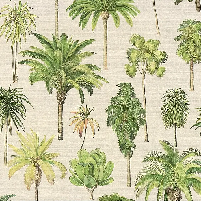 A.S. Création Pintwalls 3 Vliestapete Palmen - Beige-Grün, Floral, 10,05 x 0,53 m - Nahtloses Muster verschiedener grüner Palmen und tropischer Pflanzen im Vintage-Illustrationsstil.