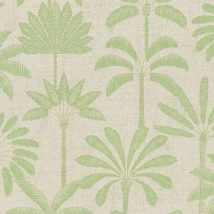 A.S. Création Cuba 2 Vliestapete Palmen II - Beige-Grün, Floral, 10,05 x 0,53 m - Hellgrünes Palmenmuster auf beigem Strukturgrund, geeignet für Tapete oder Stoff.