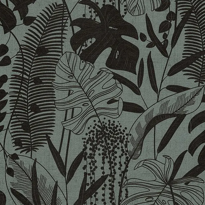 A.S. Création Cuba 2 Vliestapete Blätter - Blau-Schwarz, Floral, 10,05 x 0,53 m - Nahtloses Muster mit dunklen tropischen Blättern auf strukturiertem gedämpftem Grau-Grün, ideal für Textilien oder Tapeten.