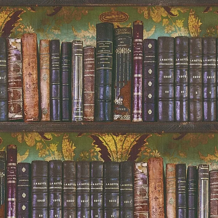 A.S. Création Pintwalls 3 Vliestapete Bücher - Grün-Braun, Sonstiges, 10,05 x 0,53 m - Tapete mit zwei Regalen alter, verzierter Bücher in verschiedenen Farben.