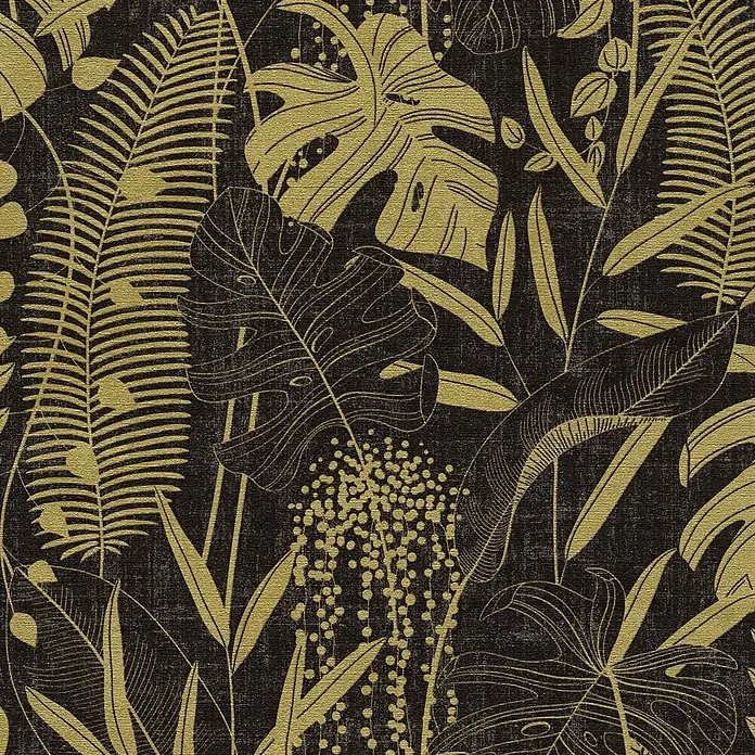 A.S. Création Cuba 2 Vliestapete Blätter - Schwarz-Gold, Floral, 10,05 x 0,53 m - Goldene tropische Pflanzenmuster auf dunklem strukturiertem Hintergrund mit verschiedenen Blättern und kleinen Beeren.