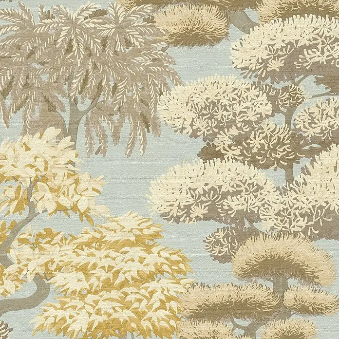 A.S. Création Cuba 2 Vliestapete Natur - Blau-Beige, Floral, 10,05 x 0,53 m - Stilisiertes Baumuster in Beige, Braun und Gold auf hellblauem, texturiertem Grund.