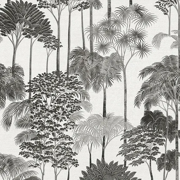 A.S. Création Cuba 2 Vliestapete Wald - Grau-Schwarz, Floral, 10,05 x 0,53 m - Detailliertes Grau-Schwarz-Muster eines Waldes mit verschiedenen Bäumen und Palmenwedeln.
