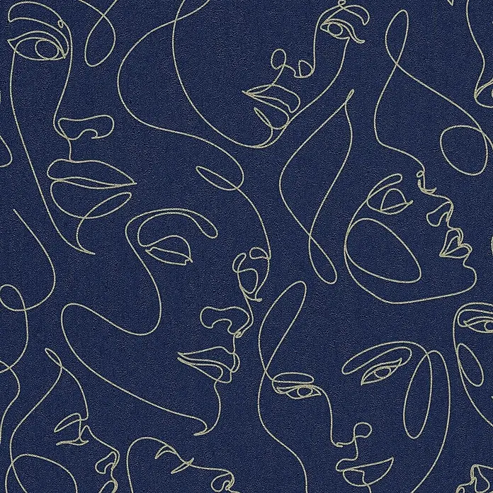 A.S. Création Pintwalls 3 Vliestapete Gesichter - Blau-Gold, Grafisch, 10,05 x 0,53 m - Nahtloses Muster aus durchgehenden Linienzeichnungen von Gesichtern in Hellgold auf dunkelblauem, strukturiertem Hintergrund.