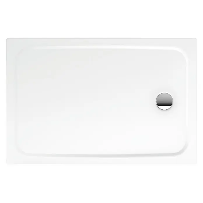 Kaldewei Duschwanne Cayonoplan 2262-1 - L x B: 120 x 80 cm, Stahl, Weiß - Weiße Duschwanne mit rundem, glänzendem Abfluss. Das Produkt zeichnet sich durch seine minimalistische Form und die glatte Oberfläche aus.