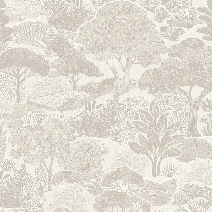 A.S. Création Pintwalls 3 Vliestapete Natur - Beige-Weiß, Floral, 10,05 x 0,53 m - Nahtloses beiges Linienmuster einer Naturlandschaft mit Bäumen, Sträuchern und Hügeln.