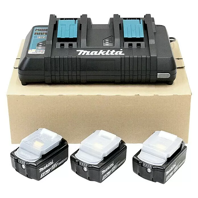 Makita LXT 18V Batería y cargador - 18 V, 3 baterías, 5 Ah - Cargador doble Makita negro con tres baterías Li-Ion negras de 18V 5.0Ah, cada una con tapa protectora transparente.