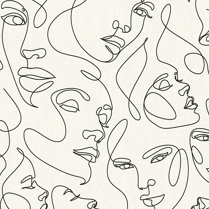 A.S. Création Pintwalls 3 Vliestapete Gesichter - Weiß-Schwarz, Grafisch, 10,05 x 0,53 m - Nahtloses Muster abstrakter durchgehender Linienkunst mit stilisierten Gesichtern.
