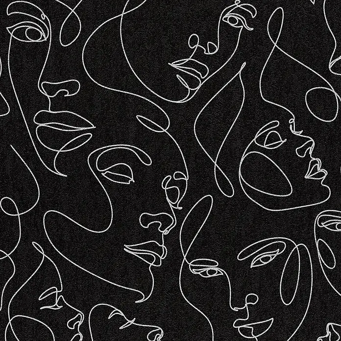 A.S. Création Pintwalls 3 Vliestapete Gesichter - Schwarz-Silber, Grafisch, 10,05 x 0,53 m - Weiße Ein-Linien-Kunst abstrakter Gesichter auf strukturiertem schwarzem Hintergrund.