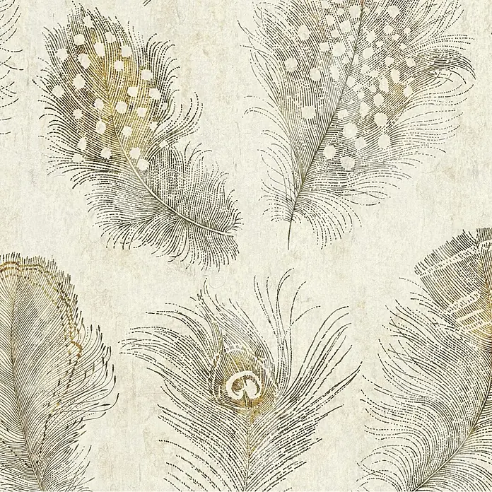 A.S. Création Pintwalls 3 Vliestapete Federn - Beige-Braun, Sonstiges, 10,05 x 0,53 m - Dekoratives Muster stilisierter goldbrauner Federn mit Punktmustern und Pfauenauge auf hellem strukturiertem Untergrund.