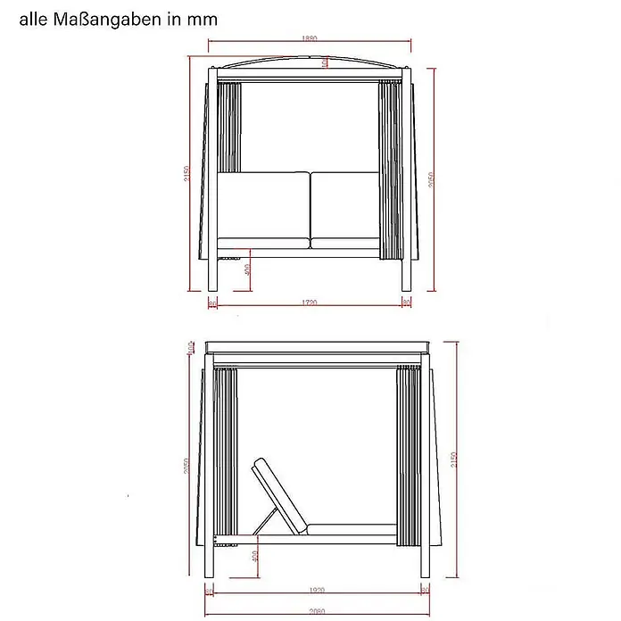Home Deluxe Gartenliege LYON - B x T: 188 x 208 cm, Weiß, Grau, Polyester - Technische Zeichnung: wandelbares Outdoor-Tagesbett mit Überdachung, als Sofa und Liege gezeigt, mit Maßen.