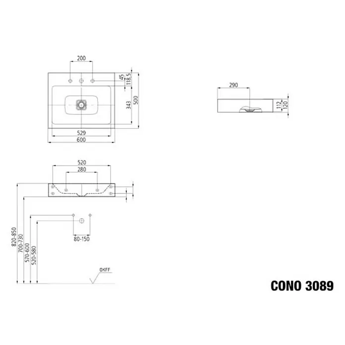 Kaldewei Waschtisch Cono - 60 x 50 cm, Mit schmutzabweisender Glasur, Hahnloch: Mitte, Ohne Überlauf, Weiß - Technische Zeichnung des CONO 3089 Waschbeckens mit Maßen und Montagehinweisen für Installation und Planung.