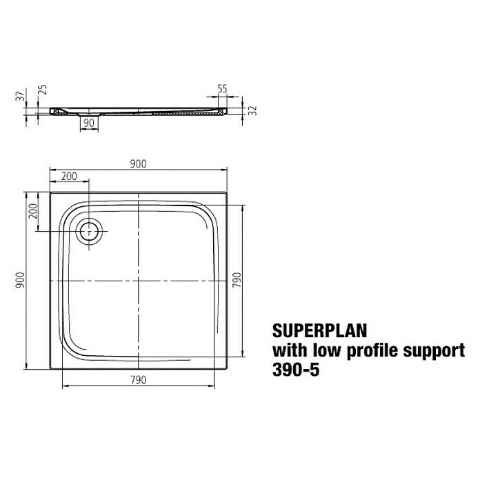 Kaldewei Duschwanne Superplan 390-5L x B: 90 x 90 cm, Stahl, Weiß Sketch