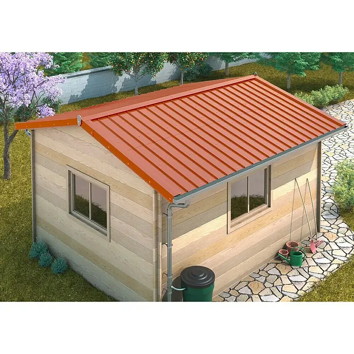 Sarei Piccolo Firstblech - Zuschnittbreite: 200 mm, Länge: 2.000 mm, Aluminium, Ziegelrot - Ein Gartenhaus mit orangefarbenem Metalldach, Regenrinne und Regentonnen-System zur Wassersammlung.