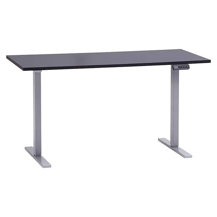Schildmeyer Metz Schreibtisch elektrisch Höhenverstellbar - L x B: 60 x 138 cm, Höhenverstellung: 72,7 cm - 117,2 cm, Anthrazit - Verstellbarer Stehschreibtisch mit dunkelgrauer Platte und silbernen Beinen, inklusive Bedienfeld zur Höhenverstellung.