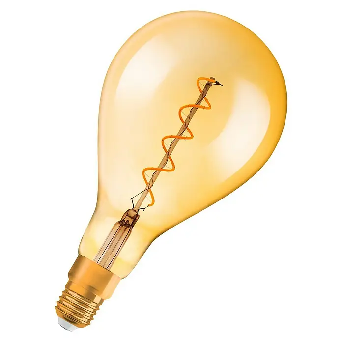 Osram LED-Lampe Vintage Edition 1906 Glühlampenform E27 - E27, Nicht Dimmbar, Warmweiß, 300 lm, 4 W, Farbe: Gold, Birne - Nahaufnahme einer dekorativen, goldfarbenen Edison-Glühbirne mit Wendelfaden auf schwarzem Hintergrund.