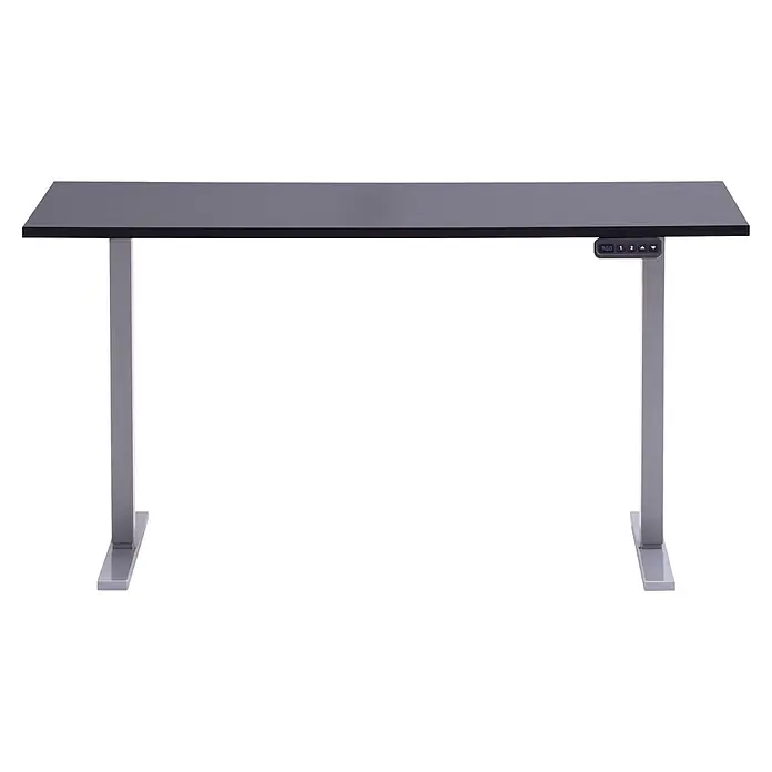 Schildmeyer Metz Schreibtisch elektrisch Höhenverstellbar - L x B: 60 x 138 cm, Höhenverstellung: 72,7 cm - 117,2 cm, Anthrazit - Schwarzer höhenverstellbarer Schreibtisch mit silbernen Beinen und digitalem Bedienfeld.