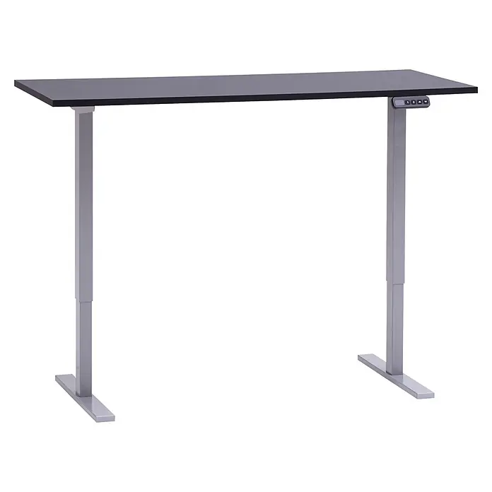 Schildmeyer Metz Schreibtisch elektrisch Höhenverstellbar - L x B: 60 x 138 cm, Höhenverstellung: 72,7 cm - 117,2 cm, Anthrazit - Schwarzer Stehschreibtisch mit silbernen, verstellbaren Beinen und digitalem Höhenbedienfeld.