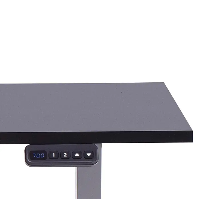 Schildmeyer Metz Schreibtisch elektrisch Höhenverstellbar - L x B: 60 x 138 cm, Höhenverstellung: 72,7 cm - 117,2 cm, Anthrazit - Schwarzer höhenverstellbarer Schreibtisch mit dunkelgrauem Bedienfeld, das '70.0', Speicherplätze '1', '2' und Auf-/Ab-Tasten anzeigt.