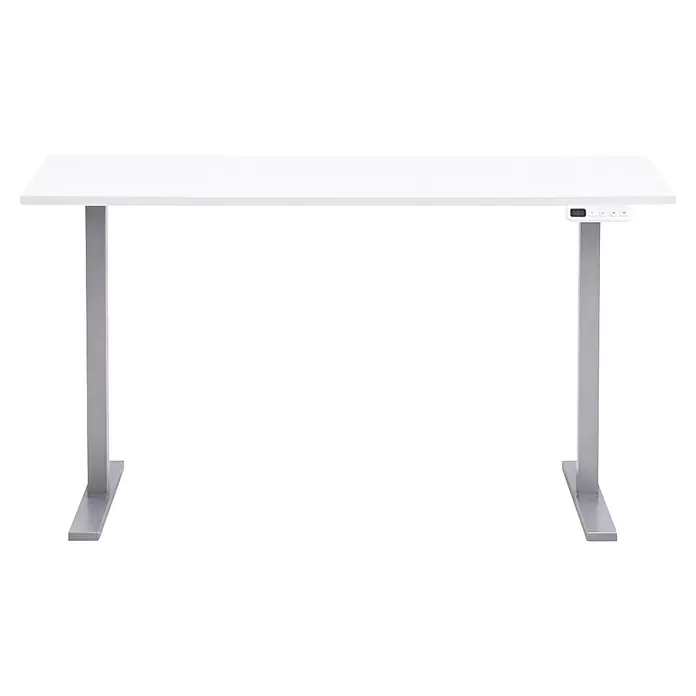 Schildmeyer Metz Schreibtisch elektrisch Höhenverstellbar - L x B: 60 x 138 cm, Höhenverstellung: 72,7 cm - 117,2 cm, Weiß - Weißer höhenverstellbarer Stehschreibtisch mit silbernen Beinen und Bedienfeld.